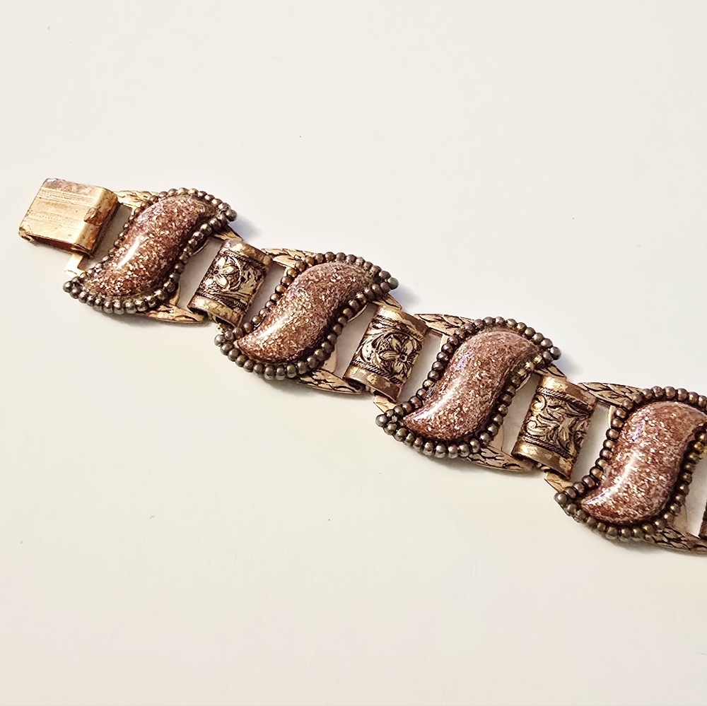 3/$50 Vintage 50s 60s copper gold stone lucite pannel link bracelet - Picture 4 of 7
